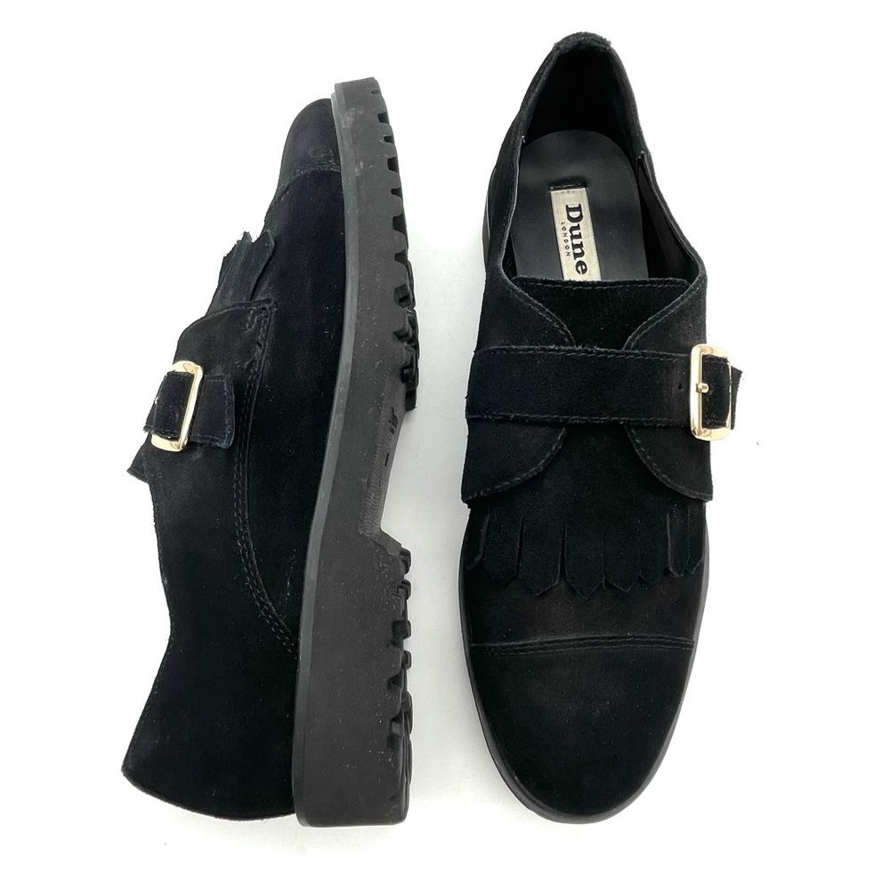 Dune London Black Suede Kiltie Flipped Lug Sole Monk Strap Loafers Womens Size 8